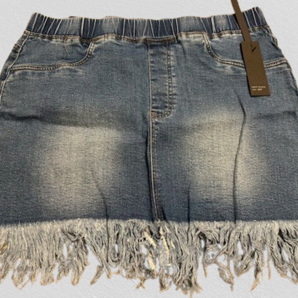 Black Label fringe denim mini skirt  4253  2XL  NWT Boutique